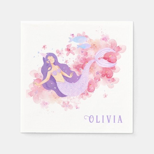 Cute Mermaid Pink Under the sea for little Girls  Napkins (Front)