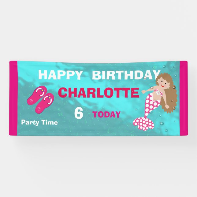Cute Mermaid Pool Beach Swim Party Personalized Banner (Horizontal)