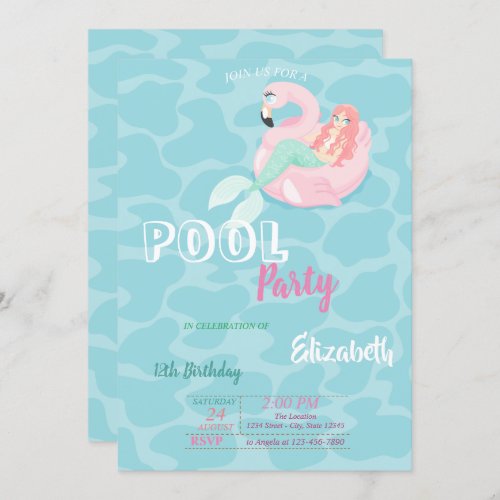 Cute Mermaid Pool Birthday Party Invitation