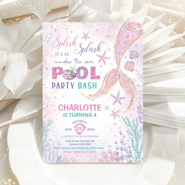 Cute Mermaid Pool Party Under the Sea Birthday Invitation | Zazzle