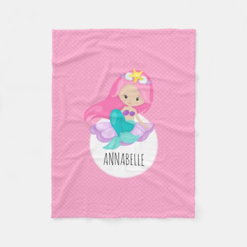 Cute Mermaid Princess Girl Sea Shell Pink Scales Fleece Blanket