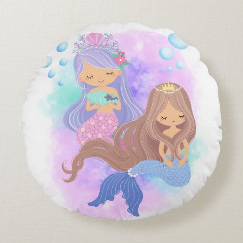 Cute Mermaid Princess Girls Round Throw Pillow