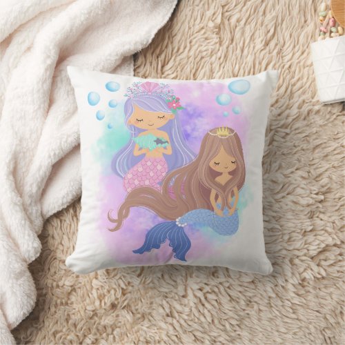 Cute Mermaid Princess Girls Throw Pillow