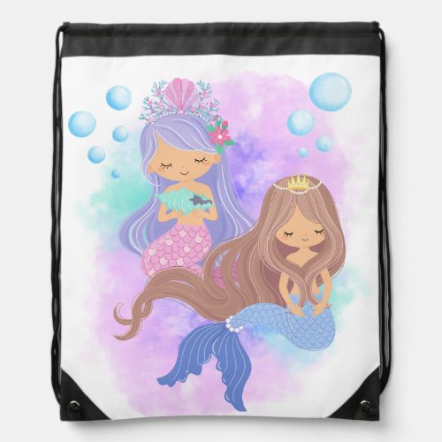 Cute Mermaid Princess Girls With Bubbles Drawstring Bag