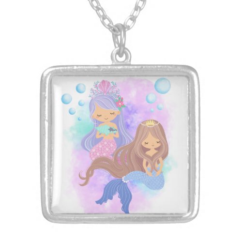 Cute Mermaid Princess Girls With Bubbles Silver Plated Necklace