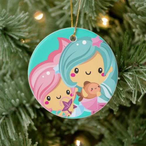 Cute Mermaid Princess Sisters Christmas Ceramic Ornament