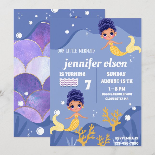 Cute Mermaid Princess Underwater Golden Mermaid Invitation (Front/Back)