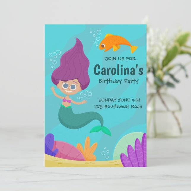 Cute Mermaid Printable Birthday Invitation (Standing Front)
