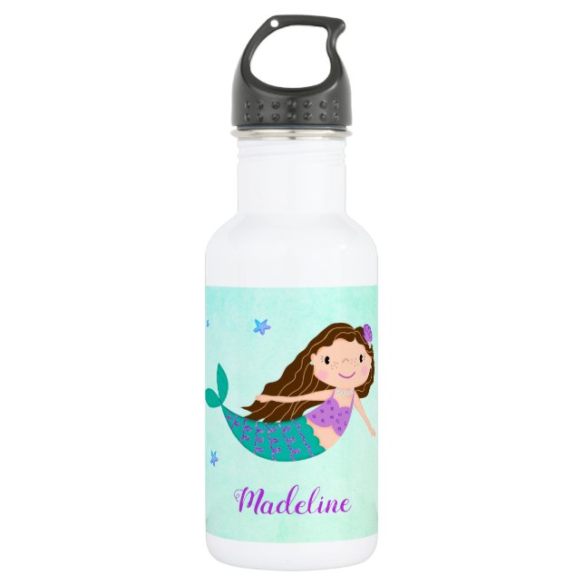 Cute Mermaid Purple Glitter Aqua Stainless Steel Water Bottle (Front)