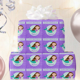 Cute Mermaid Purple Glitter Personalized Birthday Wrapping Paper