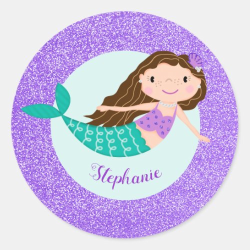 Cute Mermaid Purple Glitter Personalized Classic Round Sticker