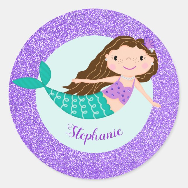 Cute Mermaid Purple Glitter Personalized Classic Round Sticker (Front)