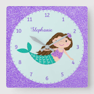 Cute Mermaid Purple Glitter Personalized Square Wall Clock