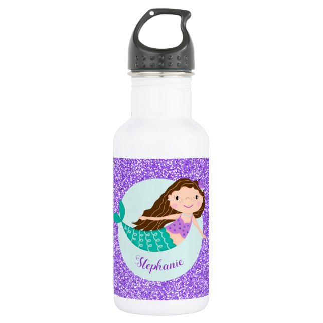 Cute Mermaid Purple Glitter Personalized Stainless Steel Water Bottle (Front)