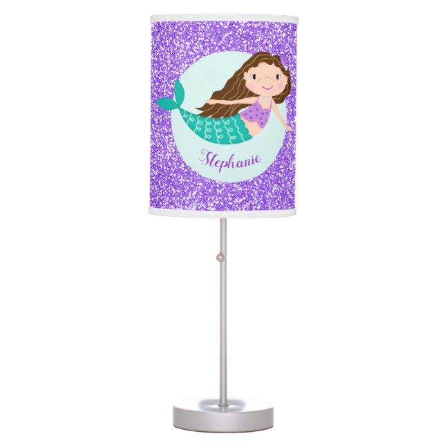 Cute Mermaid Purple Glitter Personalized Table Lamp (Front)