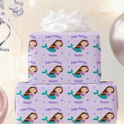 Cute Mermaid Purple Personalized Birthday Wrapping Paper