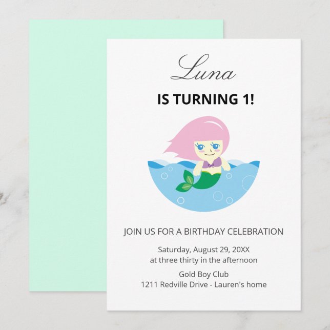 Cute Mermaid Queen Under the sea 1st Birthday  Invitation (Front/Back)