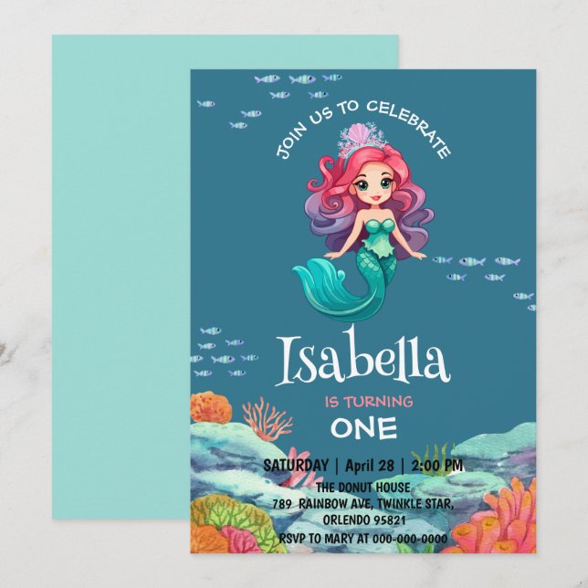 Cute Mermaid Rainbow colorful Birthday party name Invitation (Front/Back)
