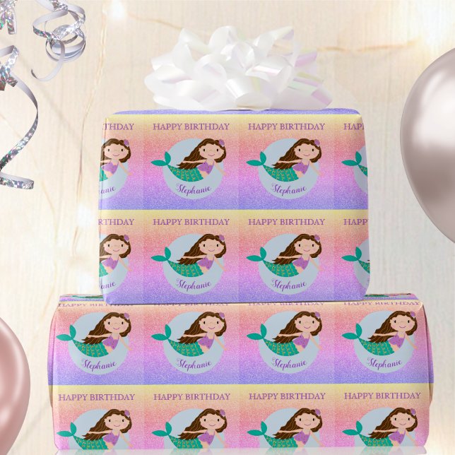 Cute Mermaid Rainbow Glitter Personalized Birthday Wrapping Paper (Creator Uploaded)
