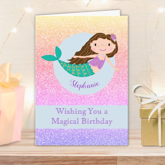 Cute Mermaid Rainbow Glitter Personalized Card (Creator Uploaded)