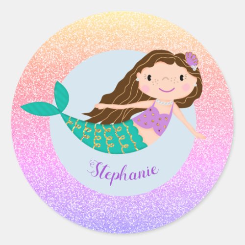 Cute Mermaid Rainbow Glitter Personalized Classic Round Sticker