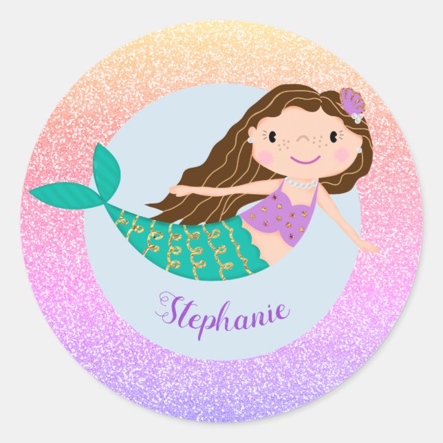 Cute Mermaid Rainbow Glitter Personalized Classic Round Sticker (Front)