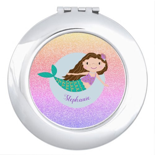 Cute Mermaid Rainbow Glitter Personalized Compact Mirror