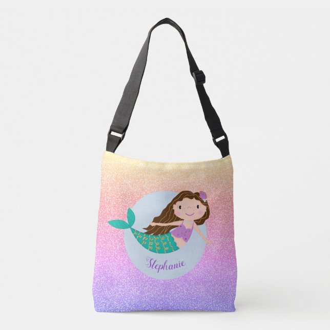 Cute Mermaid Rainbow Glitter Personalized Crossbody Bag (Front)