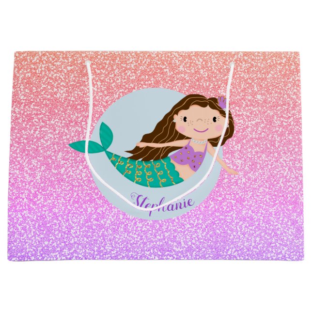 Cute Mermaid Rainbow Glitter Personalized Large Gift Bag (Front)