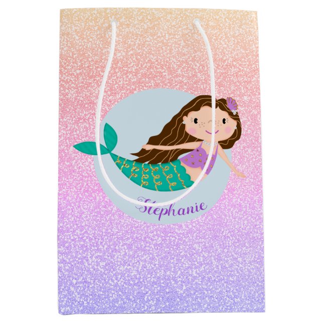 Cute Mermaid Rainbow Glitter Personalized Medium Gift Bag (Front)