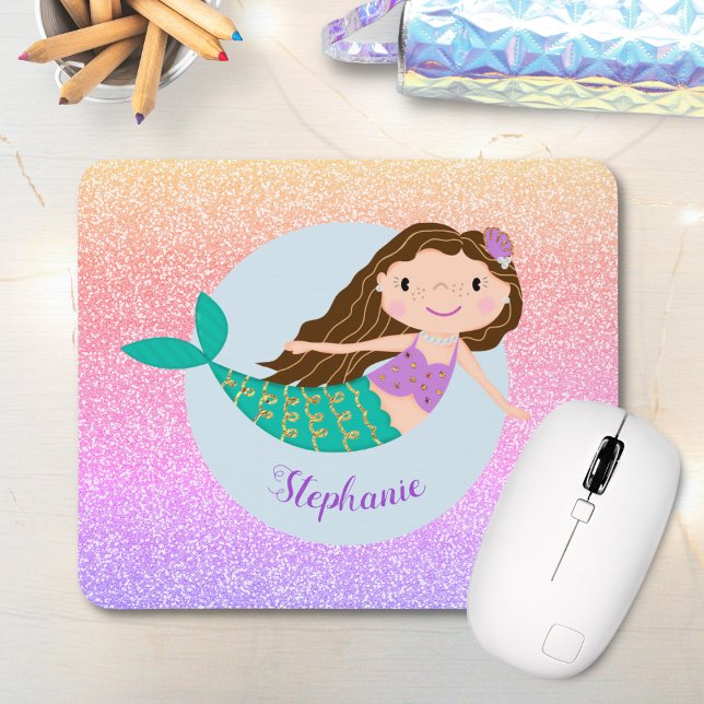 Cute Mermaid Rainbow Glitter Personalized Mouse Pad (Creator Uploaded)