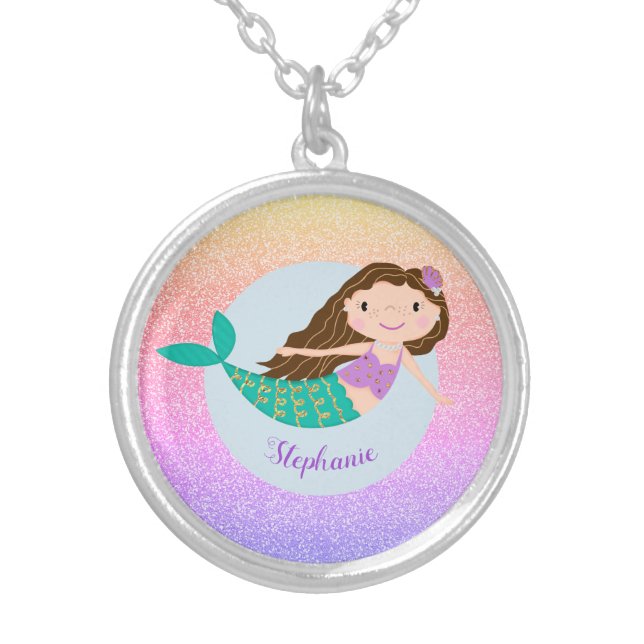 Cute Mermaid Rainbow Glitter Personalized Silver Plated Necklace (Front)