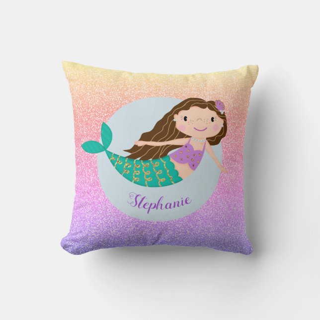 Cute Mermaid Rainbow Glitter Personalized Throw Pillow (Front)