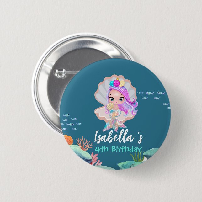 Cute Mermaid Rainbow pearl crown Birthday party Button (Front & Back)