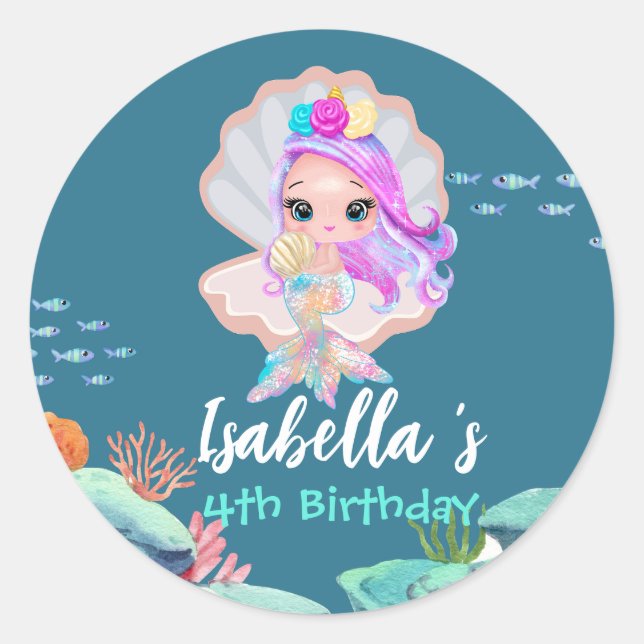 Cute Mermaid Rainbow pearl crown Birthday party Classic Round Sticker (Front)