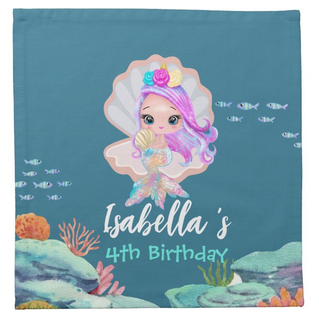 Cute Mermaid Rainbow pearl crown Birthday party Cloth Napkin (Front)