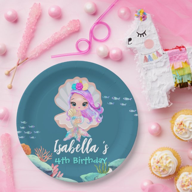 Cute Mermaid Rainbow pearl crown Birthday party Paper Plates (Party)