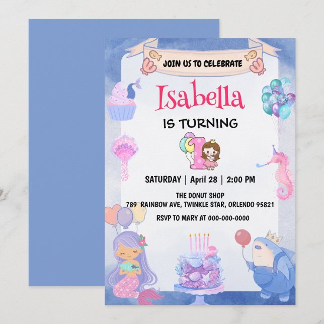 Cute Mermaid Rainbow Unicorn 1st Birthday Party  Invitation (Front/Back)