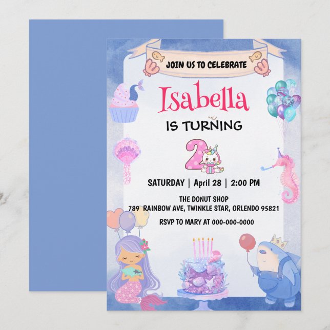 Cute Mermaid Rainbow Unicorn 2nd Birthday Party  Invitation (Front/Back)