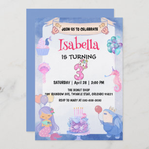 Cute Mermaid Rainbow Unicorn 3rd Birthday Party  Invitation