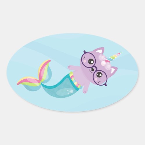 Cute Mermaid Rainbow Unicorn Purple Cat Blue Oval Sticker