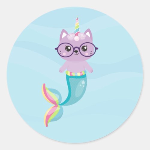 Cute Mermaid Rainbow Unicorn Purple Cat Classic Round Sticker