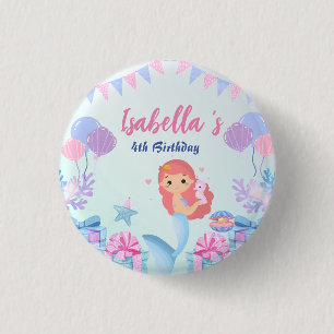 Cute Mermaid Rainbow Watercolor Birthday party Button