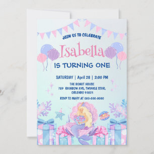 Cute Mermaid Rainbow Watercolor Birthday party Invitation
