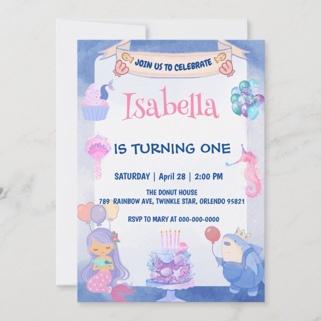 Cute Mermaid Rainbow Watercolor Birthday party  Invitation (Front)