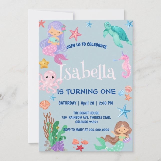 Cute Mermaid Rainbow Watercolor Birthday party  Invitation (Front)