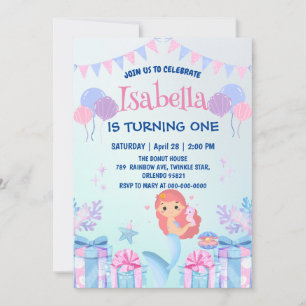 Cute Mermaid Rainbow Watercolor Birthday party  Invitation