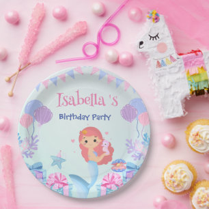 Cute Mermaid Rainbow Watercolor Birthday party Paper Plates