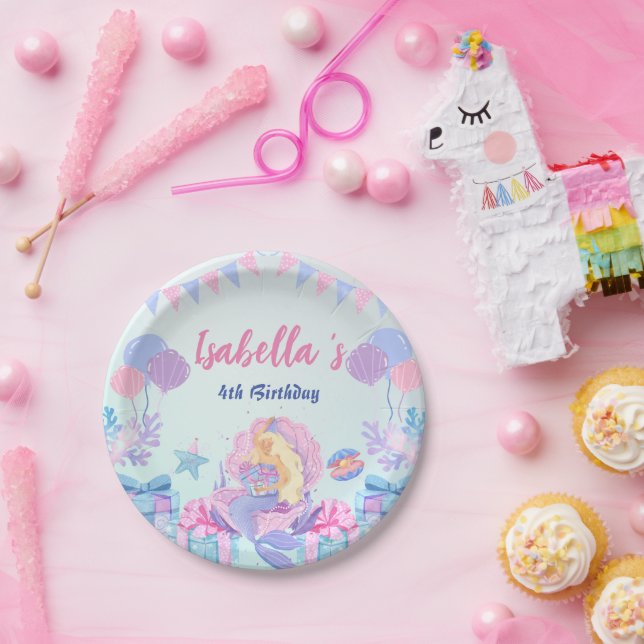 Cute Mermaid Rainbow Watercolor Birthday party  Paper Plates (Party)