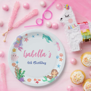 Cute Mermaid Rainbow Watercolor Birthday party  Paper Plates